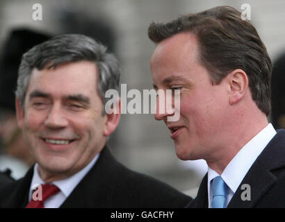 Britain's Prime Minister Gordon Brown and the leader of the opposition David Cameron chat together shortly before the unveiling of a statue by the Prince of Wales of David Lloyd George in Parliament Square, Westminster, London. Stock Photo