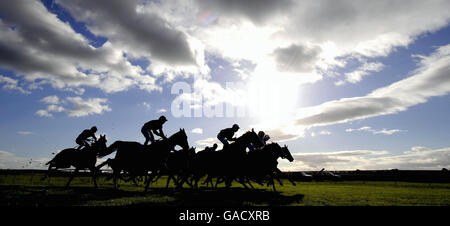 The last few days of the flat Racing season and runners in the opening race run into the home straight at Catterick Racecourse, Catterick. Stock Photo