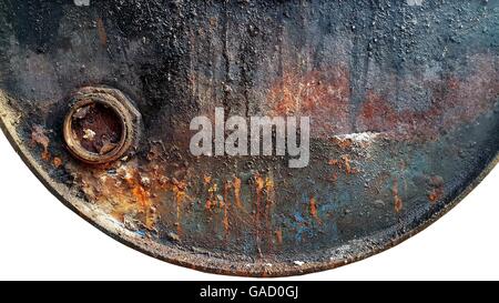 Close up of old rusted and dirty metal oil storage barrel isolated on white background Stock Photo