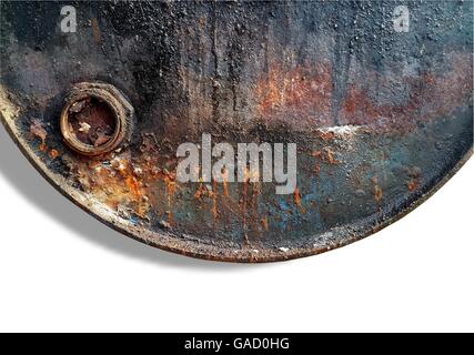 Close up of old rusted and dirty metal oil storage barrel isolated on white background Stock Photo