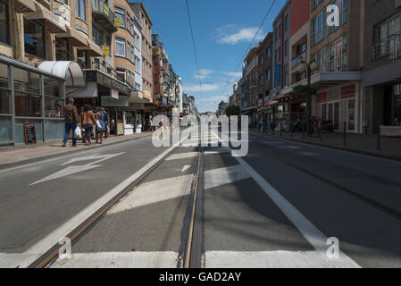 Traditional trams and tramlines in the Belgian coastal town of  De Panne. Stock Photo