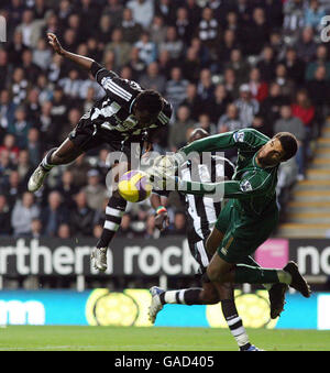 Portsmouth goalkeeper David James thwarts Newcastle's Obafemi Martins during the Barclays Premier League match at St James' Park, Newcastle. Stock Photo