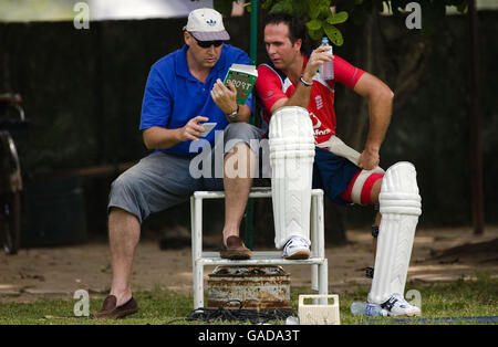 England's captain Michael Vaughan with former England player Angus Frazer during a nets practice session at Nondescripts Cricket Club, Colombo, Sri Lanka. Stock Photo