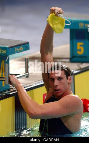 Australia's Grant Hackett celebrates winning the Men's 1500m Freestyle Final Stock Photo