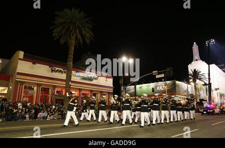 U.S Marine Corps Air Ground Combat Center Band takes part in the Hollywood Holiday Parade in Los Angeles. Stock Photo