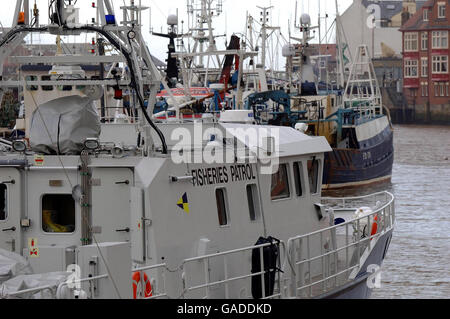 A fisheries patrol boat at the fishing port of Whitby which now has just ten fishing trawlers left in its fleet. Stock Photo