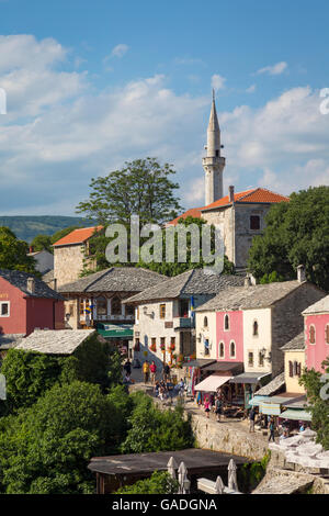 Mostar, Herzegovina-Neretva, Bosnia and Herzegovina.  Old town seen from the Stari Most, or Old Bridge. Stock Photo