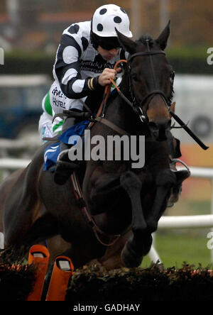 Ocean Du Moulin ridden by Ruby Walsh jumps the last to win in The Bluebird Community Partnership 'National Hunt' Novices Hurdle Race at Plumpton Racecourse. Stock Photo