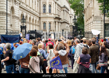 London, UK , 2 July 2016: Protesters on the March for Europe demonstration at 10 Downing Street Stock Photo