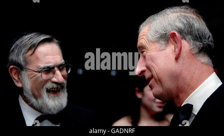 HRH The Prince of Wales meets Chief Rabbi, Sir Jonathan Sacks at a dinner for World Jewish Relief in Chelsea, central London. Stock Photo