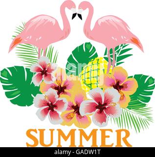 vector illustration of flamingos summer background with flowers Stock Vector