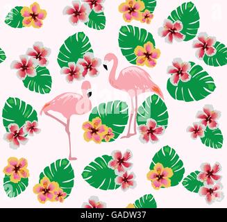 vector illustration of flamingos background with flowers Stock Vector