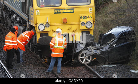The scene of an accident involving a train and a car, near the A76 in the Skerrington area of Cumnock. Stock Photo