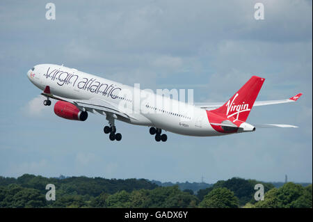 A Virgin Atlantic Airbus A330 takes off from Manchester International Airport (Editorial use only) Stock Photo