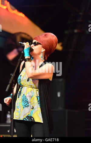 Female lead singer on stage at Fremont street in Las Vegas Stock Photo