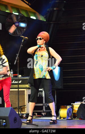 Female lead singer on stage at Fremont street in Las Vegas Stock Photo