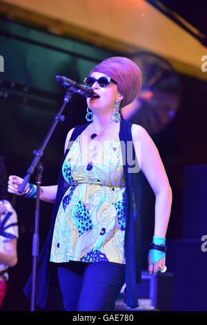 Female lead singer on stage at Fremont street in Las Vegas Stock Photo