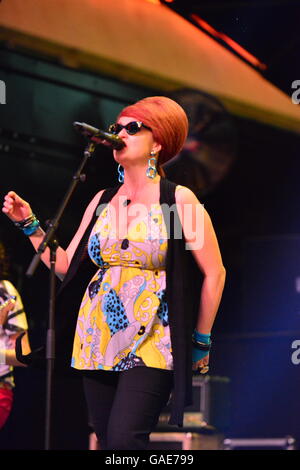 Female lead singer on stage at Fremont street in Las Vegas Stock Photo