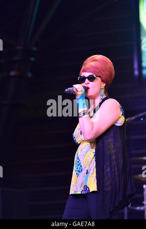 Female lead singer on stage at Fremont street in Las Vegas Stock Photo