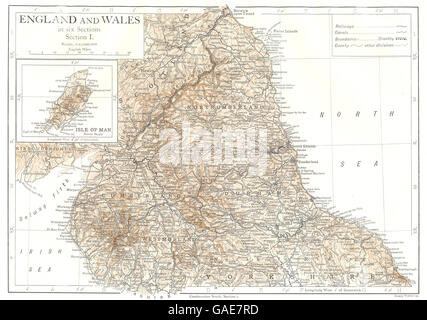 NORTHERN ENGLAND: Cumbs Durham Northumbs Yorkshire; Inset Isle of Man, 1910 map Stock Photo