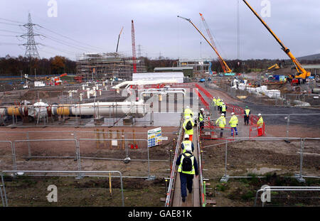 Gas technicians on the Felindre Gas Compression Station site today, where Minister of State for Energy Malcolm Wicks officially opened the Milford Haven Natural Gas pipeline. It will carry a fifth of the natural gas needed in Britain. Stock Photo