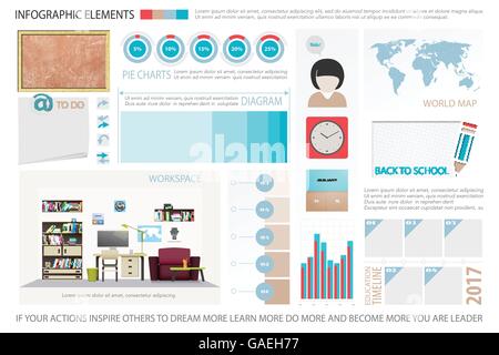 infographic elements, classroom objects icons. vector time line diagram, work place interior, office tools. education statistic Stock Vector