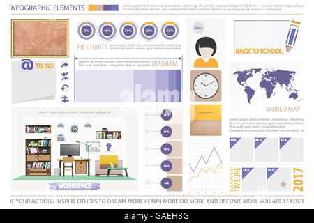 infographic elements, schoolroom objects. vector time line graph, work space interior, chalkboard, books icons. education statis Stock Vector