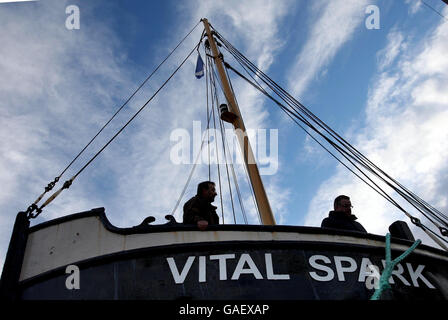 One of the last remaining Clyde puffers, the 'Vital Spark', returns to the birthplace of the puffer, the Clyde and Forth Canal, for the first time in more than 40 years to mark the iconic vessel's 150th anniversary. Stock Photo