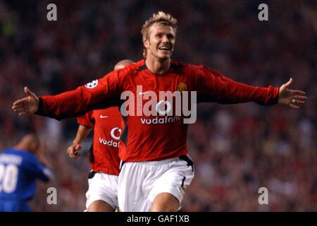 Soccer - UEFA Champions League - Third Qualifying Round - Second Leg - Manchester United v Zalaegerszeg. Manchester United's David Beckham celebrates scoring their second goal Stock Photo