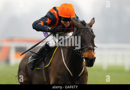 Horse Racing - Ascot Racecourse. Fundamentalist ridden by Paddy Brennan jump the last to take victory in the 123sport.com Graduation Chase at Ascot Racecourse. Stock Photo