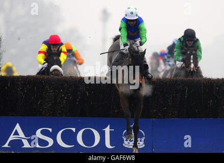 Horse Racing - Ascot Racecourse. Vodka Bleu ridden by Timmy Murphy jump the last to win the BGC Silver Cup Handicap Chase at Ascot Racecourse. Stock Photo