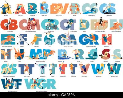 most popular summer sports icons represented by their initial letters and their competitors. Stock Vector