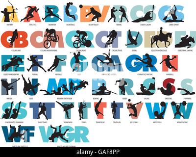 most popular summer sports icons represented by their initial letters and their competitors. Stock Vector