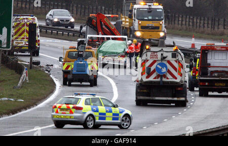 The scene on the A8 near junction 6 following a crash involving a police car and another car. Stock Photo