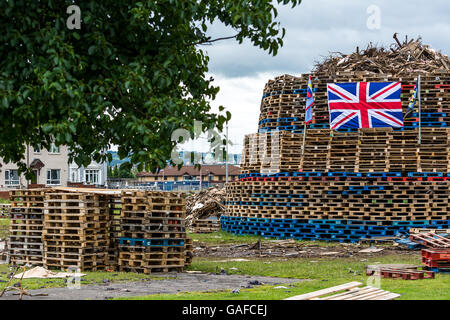 Lower Shankill bonfire being constructed July 2016. Stock Photo