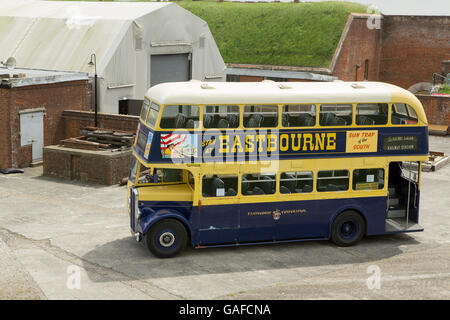 Double Decker Eastbourne vintage bus at an event at Fort Nelson near Portsmouth Hampshire. Old style rear open rear platform. Stock Photo