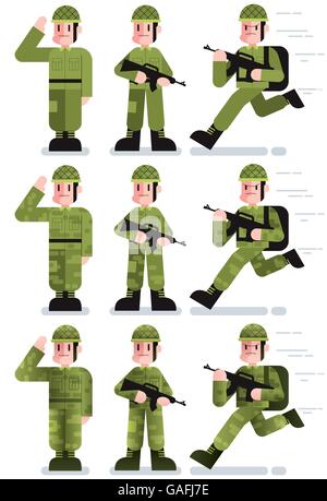 Flat design illustration of soldier in 3 poses and 3 color versions. Stock Vector