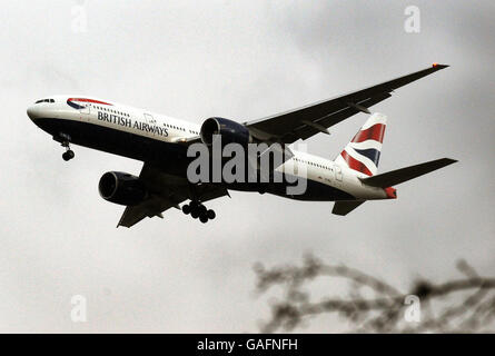 A British Airways Boeing 777 approaches touchdown at Heathrow Airport west of central London, where a similar Aircraft landed short of the Southern runway this afternoon. Stock Photo