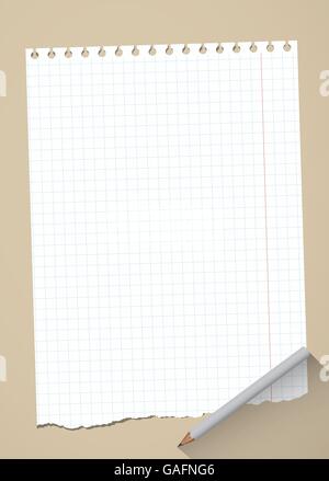 Ripped white grid notebook paper sheet are on brown background with gray wooden pencil Stock Vector