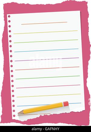 Colorful ruled, ripped white notebook paper sheet are on red background with yellow wooden pencil Stock Vector