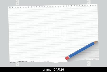 Ripped white ruled notebook paper sheet are on gray background with blue wooden pencil Stock Vector
