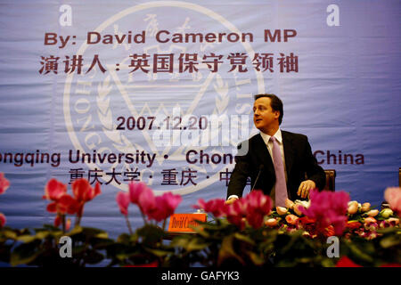 Leader of the Conservative Party, David Cameron during his speech to students at Chongqing University, Chongqing in China, on his last day of a three day visit to the country. Stock Photo