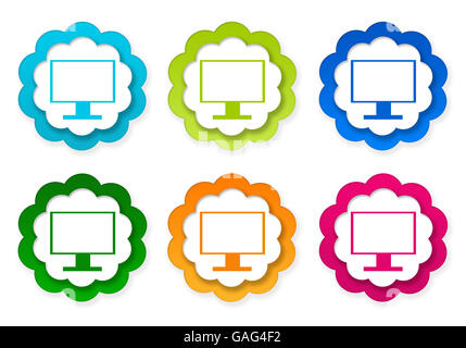 Set of colorful stickers icons with tv screen of computer monitor symbol in blue, green, pink and orange colors Stock Photo