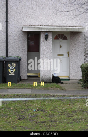 The scene outside a house on The Spinney in Bedford where a man in his thirties armed with a knife died from self-inflicted injuries last night after he was shot by police with a stun gun during a domestic dispute. Stock Photo