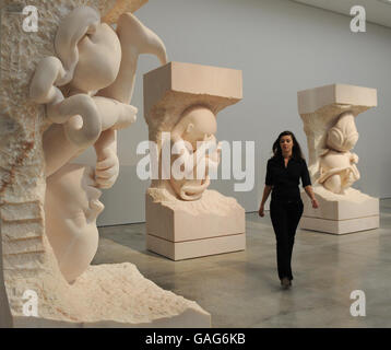 Three sculptures in a sequence of nine by sculptor Mark Quinn collectively entitled Evolution, which depict monthly developmental stages of a child in the womb, on show at the White Cube gallery in London. Stock Photo