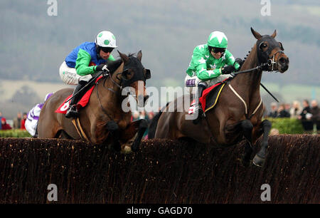 Vodka Bleu ridden by Timmy Murphy (left) jumps the last with Patman du Charmill ridden by P.J.Brennan to go on and win the TurfTV New Year Steeple Chase at Cheltenham Racecourse. Stock Photo