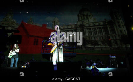 Pete Wylie and band take part in 'Liverpool The Musical' at the Liverpool Echo Arena, Liverpool. Stock Photo