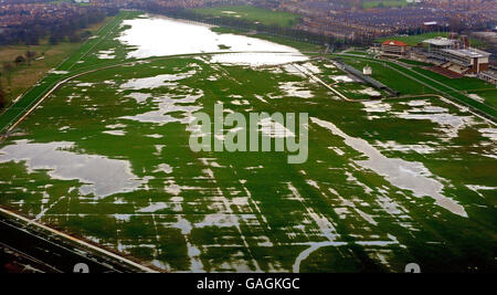 Continuing flooding in UK. An aerial view of York's Knavesmire Racecourse under floodwater from the nearby River Ouse. Stock Photo