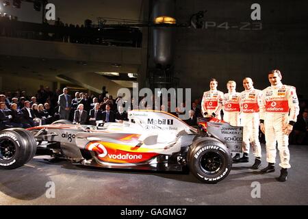 Vodafone McLaren Mercedes drivers, from left, Gary Paffet, Heikki Kovalainen, Lewis Hamilton and Pedro de la Rosa during the launch of the Vodafone McLaren Mercedes MP4-23 at the Mercedes-Benz Museum, Stuttgart. Stock Photo