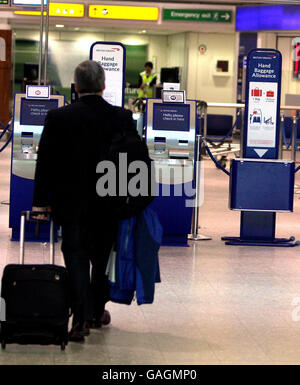 A new sign showing passengers baggage allowance at British Airways's Premium check-in area at Heathrow Airport's Terminal 1, London, Stock Photo